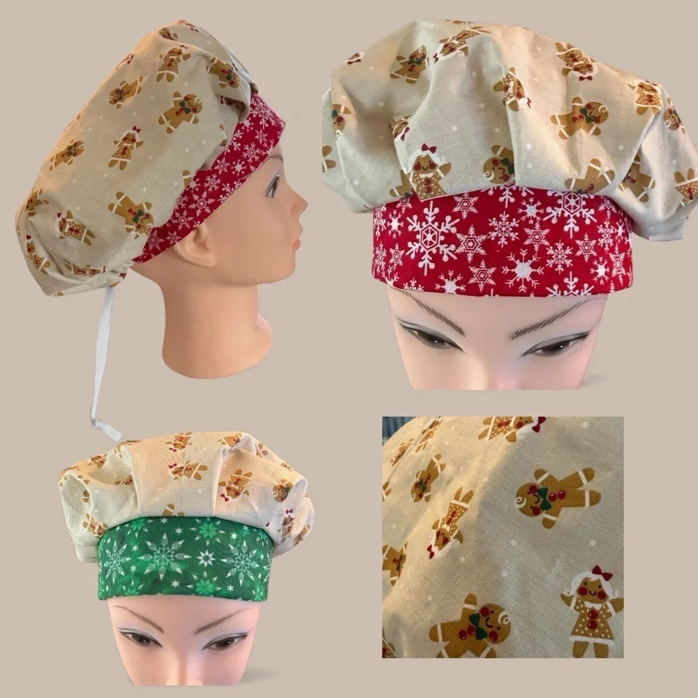 Scrub Cap with Holiday Gingerbread Print with Green or Red band.